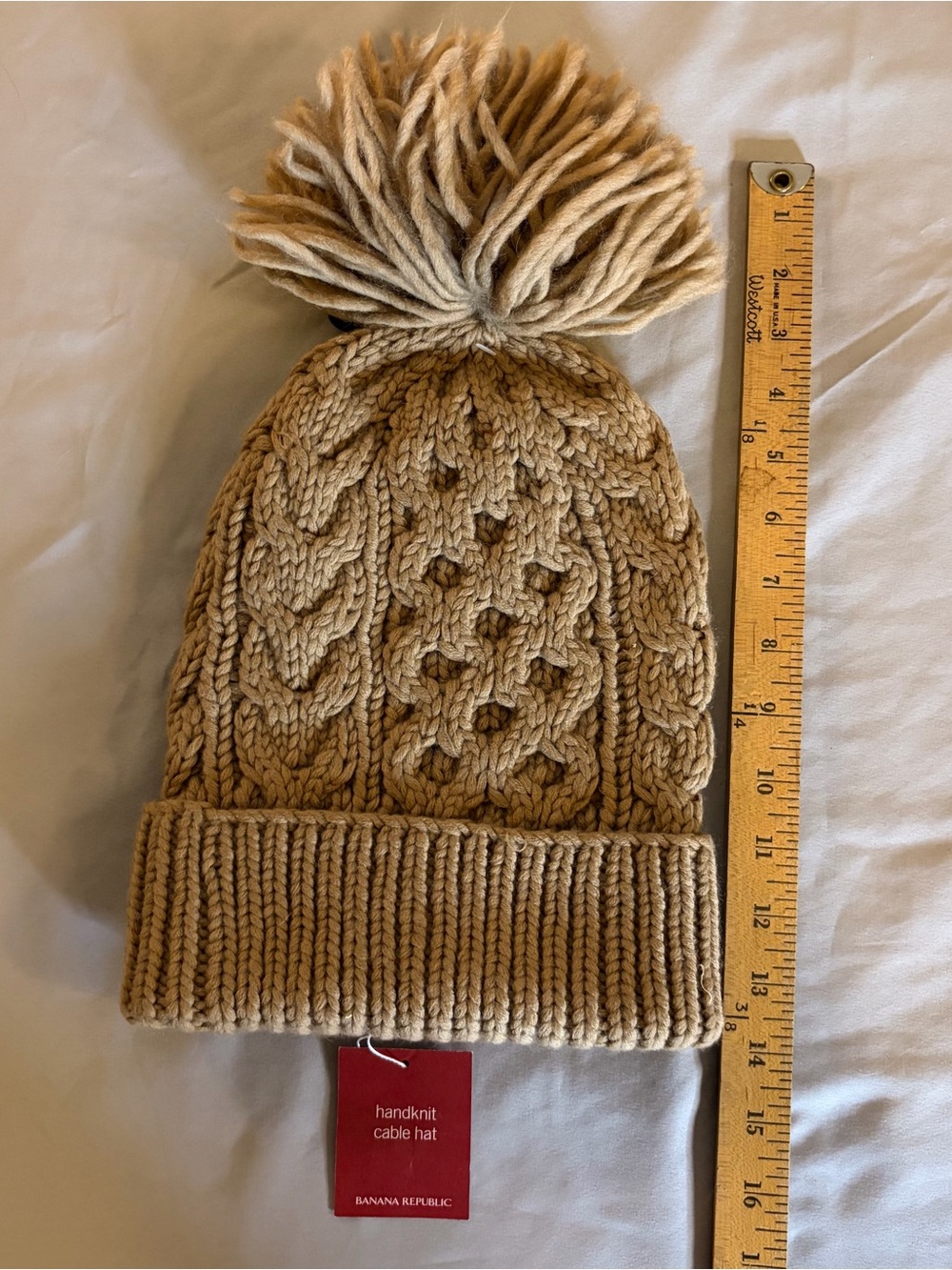 Banana Republic Hand Knit Cable Beanie with Pom - Beige Tan - Wool